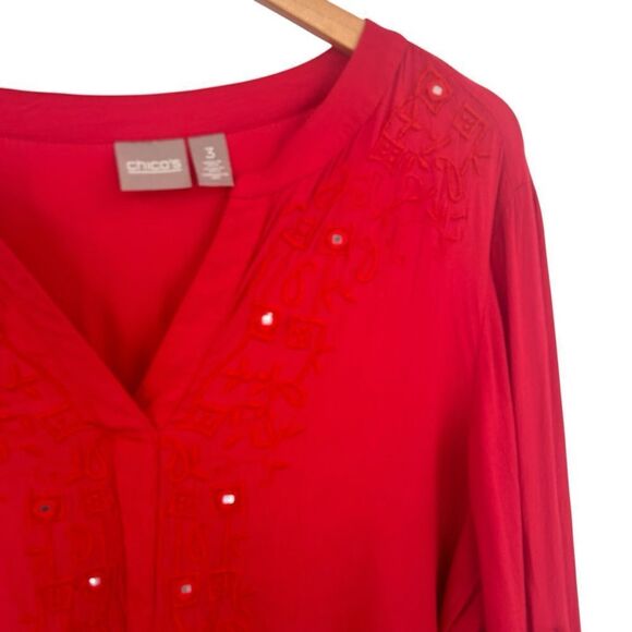 Chicos red embellished tie front blouse size xlarge - Picture 2 of 6